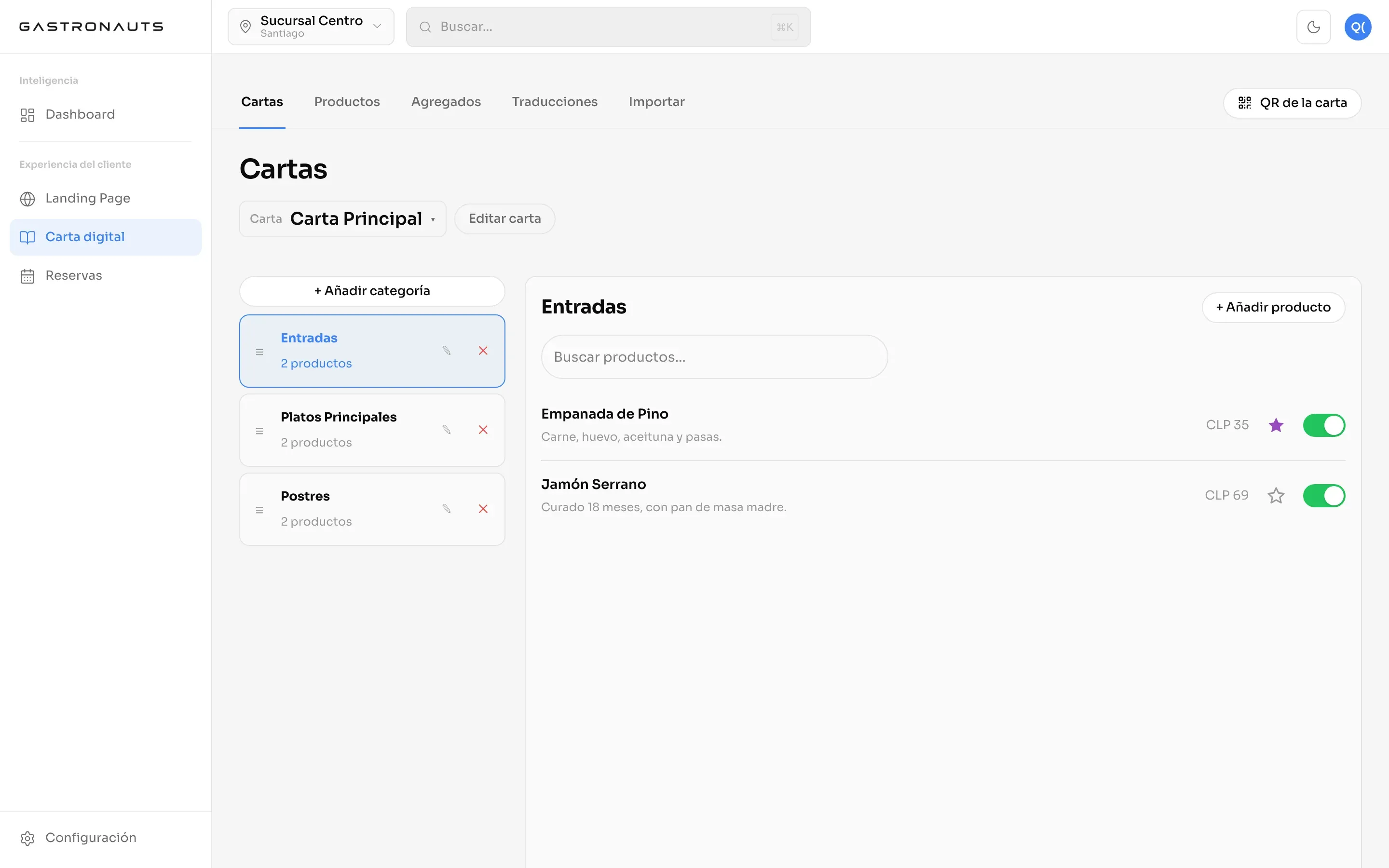 Editor de landing page dentro del panel de Gastronauts, con vista previa en tiempo real